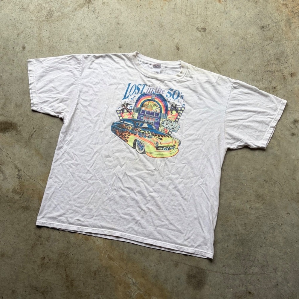 Vintage Anvil Lost in the 50s Graphic T-Shirt White 2XL Hot Rod Jukebox Retro